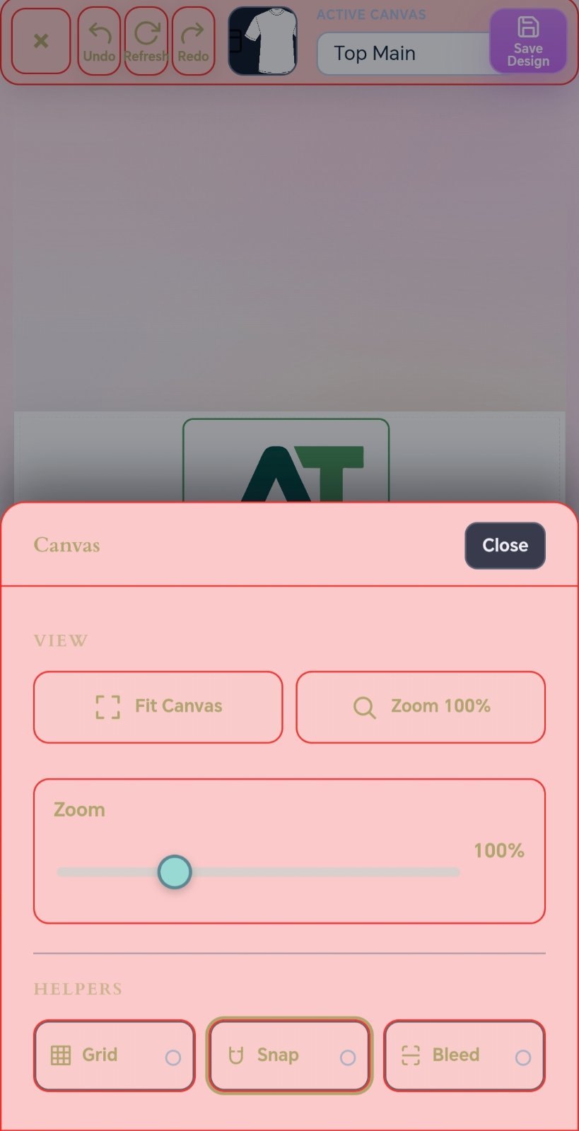 Canvas tools with fit canvas zoom grid snap bleed